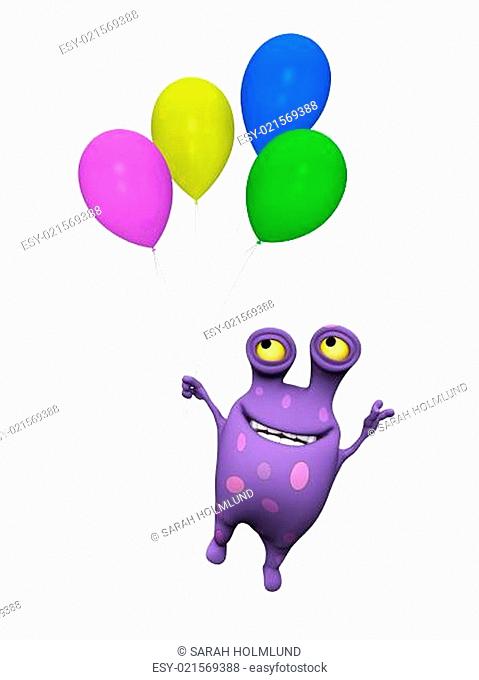 A spotted monster flying with balloons