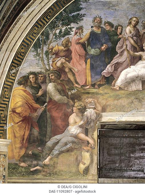 The Parnassus, 1511, fresco by Raphael (1483-1520), representing Poetry, detail with, at the top, Dante Alighieri, Homer, Virgil and Terpsichore