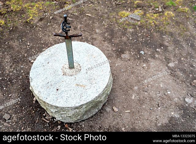 Germany, Saxony-Anhalt, Stecklenberg, sword stuck in a stone, Lauenburg castle ruins, built in the 12th century, Harz