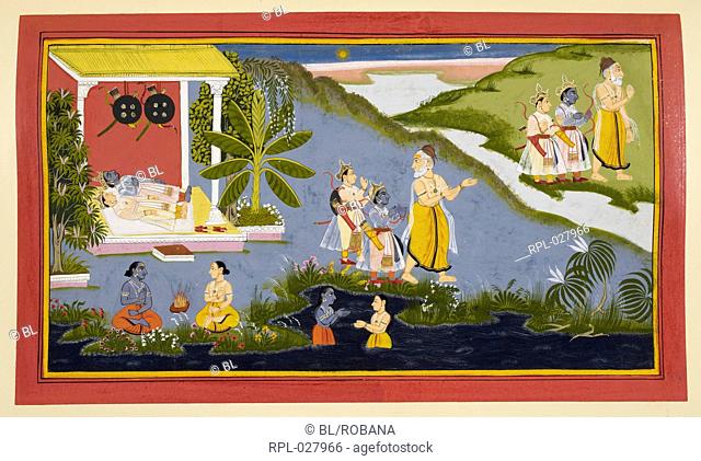 Crossing the Ganges, Rama and Lakshmana bathe in the river Ganges and recite their sacred verses before proceeding on their journey with Visvamitra