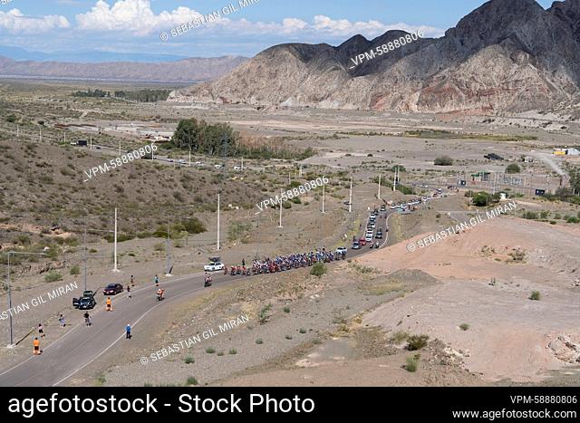 Illustration picture of the pack of riders during stage 6 of the Vuelta a San Juan cycling tour, with start and finish at the Velodromo Vicente Alejo Chancay...