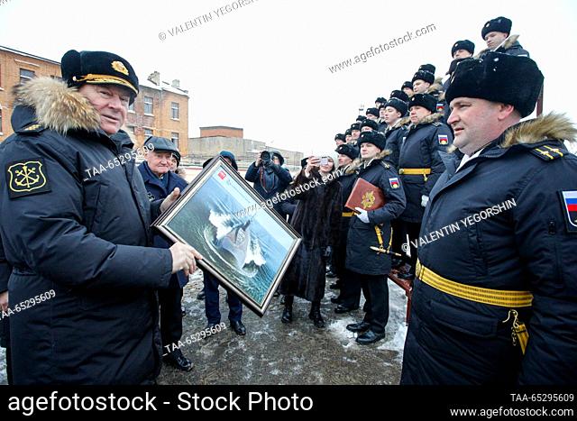 RUSSIA, ST PETERSBURG - NOVEMBER 28, 2023: Russian Navy Commander-in-Chief Nikolai Yevmenov (L) is seen during the delivery of the Mozhaisk submarine to the...