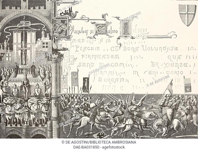 Battle of Legnano in an ancient parchment, drawing by Crespi, engraving from L'Illustrazione Italiana, Year 3, No 30, May 21, 1876