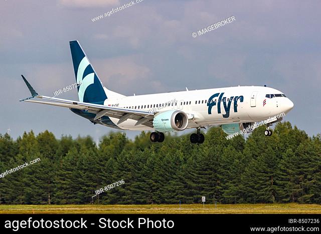 A Flyr Boeing 737 MAX 8 aircraft with registration LN-FGE at Oslo Gardermoen Airport, Norway, Europe