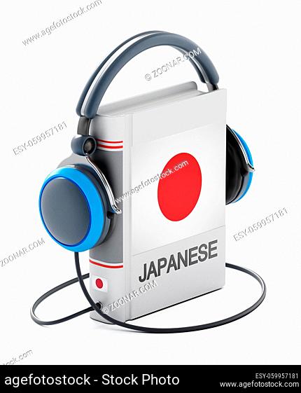 Japanese dictionary with headphones isolated on white background. 3D illustration