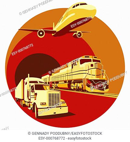 Vectorial round vignette on theme of cargo transportation with three basic types of transports, executed in the limited palette  No gradients and blends