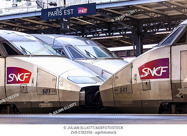 TGV trains await departure at Paris Est station