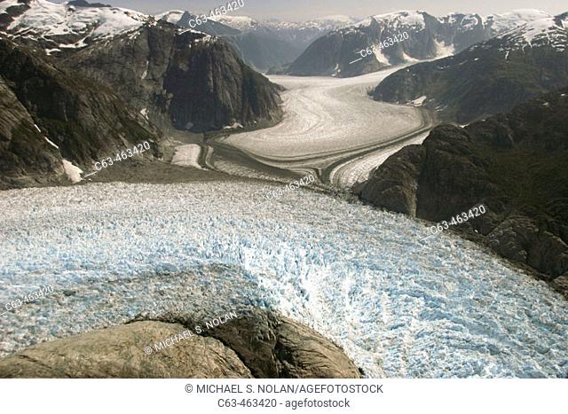 Aerial view of the Le Conte and Patterson Glacier, the Stikine Ice Field, and the mountains surrounding the town of Petersburg, Southeast Alaska, USA