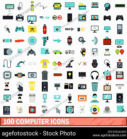 100 computer icons set in flat style for any design vector illustration