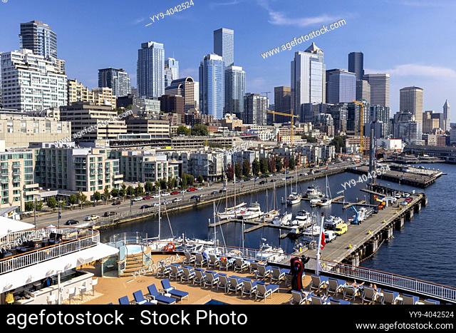 Downtown Seattle Skyline viewed from cruise ship at Pier 66 in Seattle, Washington, USA