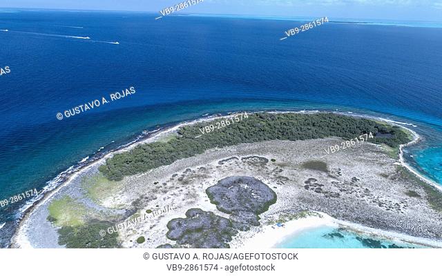 Aerial view of coral reef fringed Noronky in Los Roques Archipelago
