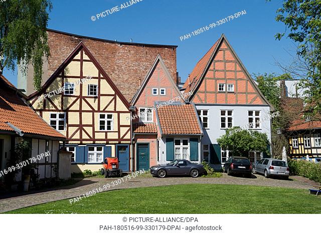 09 May 2018,  Germany, Stralsund: Half-timbered houses at the Joahannis monastery in the old town. The Hanseatic City of Stralsund