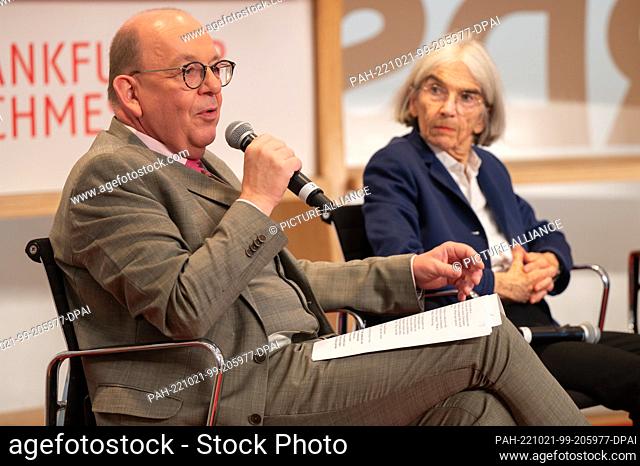 20 October 2022, Hesse, Frankfurt/Main: Denis Scheck, literary critic and author, speaks alongside Donna Leon, writer, during an event celebrating ""70 Years of...