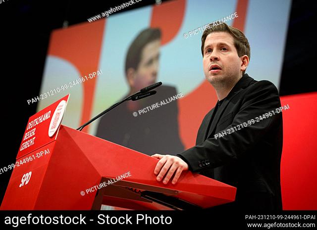 10 December 2023, Berlin: Kevin Kühnert, SPD General Secretary, speaks at the SPD's regular national party conference at the Berlin Exhibition Center