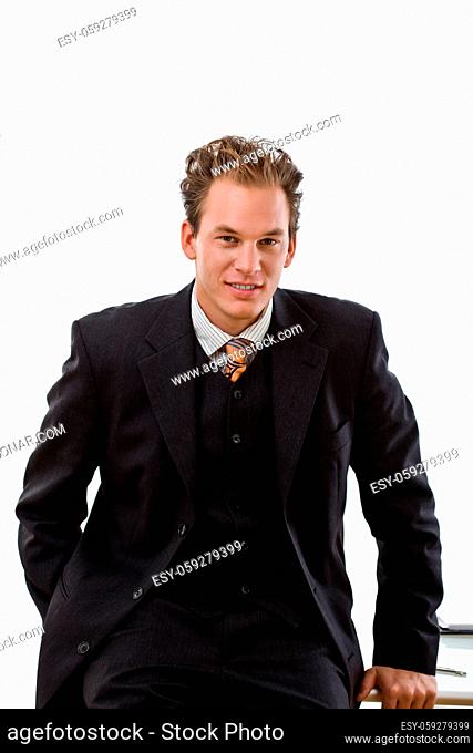 Portrait of successful businessman, white background