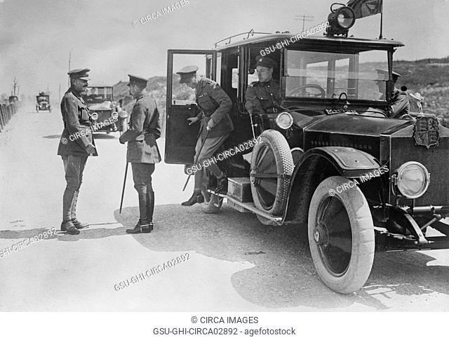 King George V and Edward VII, Prince of Wales, Leaving Car and Greeted by General Julian Byng as they arrive at Butte de Warlencourt near Le Sars