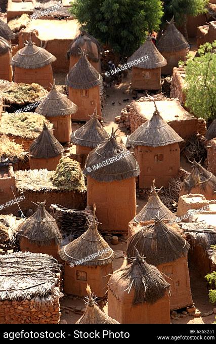 View of mud huts and granaries in Songo village in Dogon Land, Mali, Africa