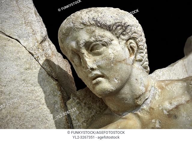 Close up of a Roman Sebasteion relief sculpture of Orestes At Delphi Aphrodisias Museum, Aphrodisias, Turkey. . . Orestes who has sought sanctuary at Delphi...