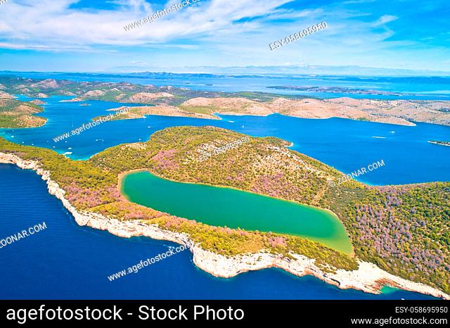Telascica nature park and green Mir lake on Dugi Otok island aerial view, Kornati archipelago national park of Croatia