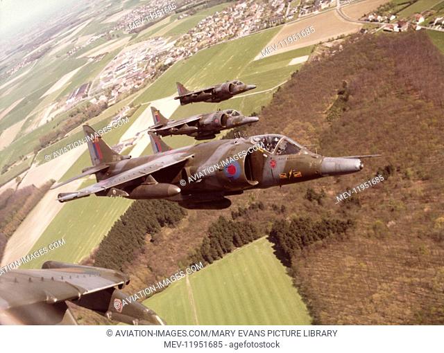 4 Sqn Royal Airforce RAF Bae Harrier Gr-3S flying in formation over Fields and Trees
