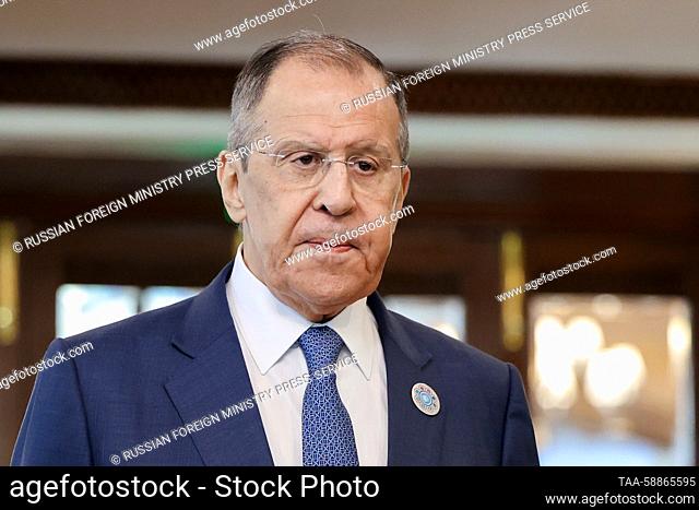 INDIA, PANAJI - MAY 5, 2023: Russia's Foreign Minister Sergei Lavrov gives comments to the media following a meeting of the Council of Foreign Ministers of the...
