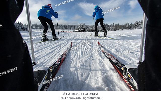 Illustration - Three cross country skiers ski through snowy landscape on the Thurner-Trail near St. Maergen, Germany, 03 February 2015