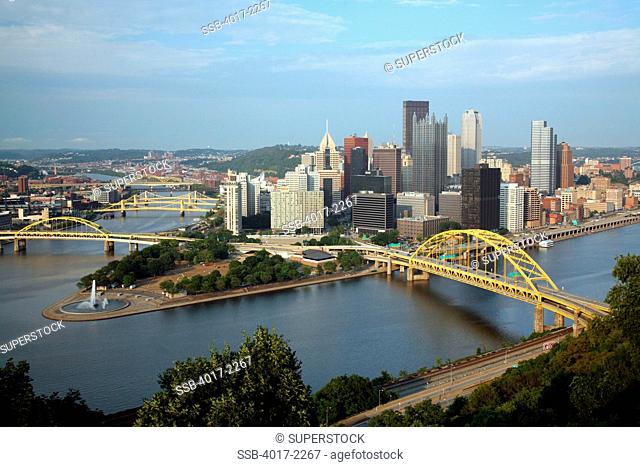 The Downtown Pittsburgh Skyline and Point State Park where the three rivers of Allegheny, Ohio and Monongahela Rivers meet