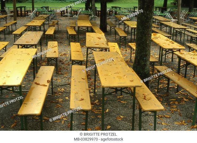 Germany, Bavaria, Munich,  Michael y types, human-empty, autumn,   Upper Bavaria, sea, Ostparksee, beer garden, tables, benches, parasols, abandoned, nobody