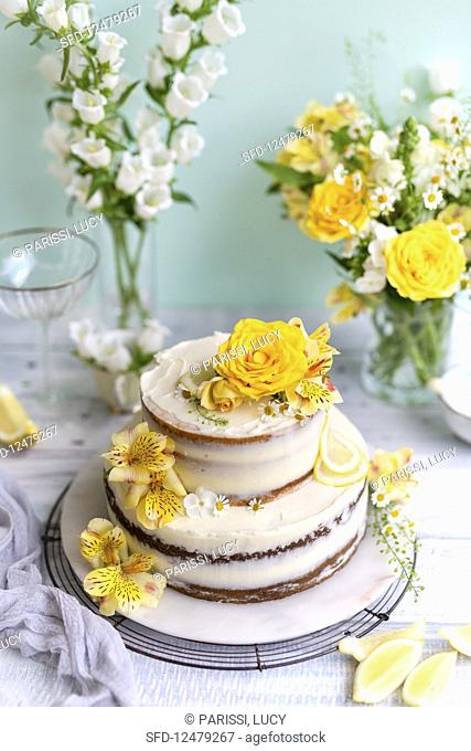 Two-tier wedding cake with lemon and elderflower cream