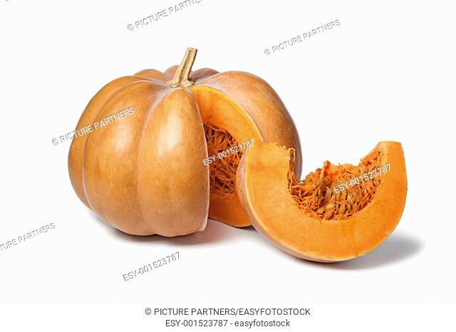 Muscat de Provence pumpkin with a slice on white background