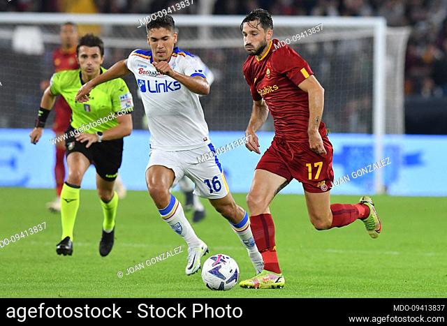 The Lecce player Joan Gonzalez and the Roma player Matias Vina during the match Roma v Lecce at the Stadio Olimpico. Rome (Italy), October 09th, 2022