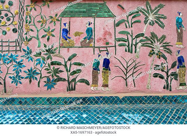 Mirrored mosaics at the Reclining Buddha shrine Red Chapel, Wat Xieng Thong, Luang Prabang, Laos