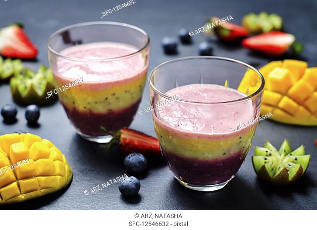 Blueberry, mango, strawberry, kiwi and banana greek yogurt smoothie