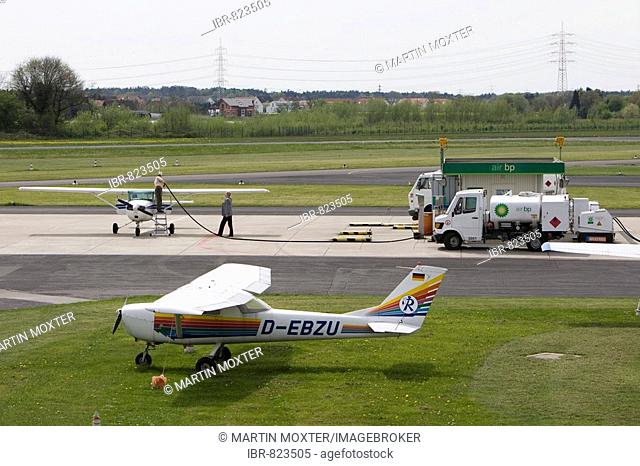 Sports plane being refueled, Egelsbach, Hesse, Germany, Europe