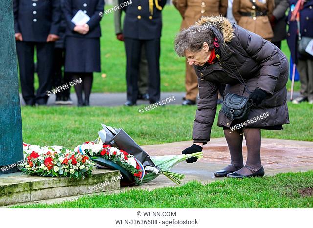 Politicians, members of police, armed forces, ventures and invited guests attends the Holocaust Memorial Day ceremony at Soviet War Memorial in the Geraldine...