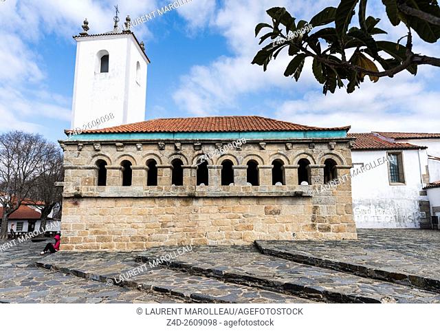 The Ancient Domus Municipalis of Braganca and Church of Santa Maria do Castelo in the background. Braganca, Braganca District, Norte Region, Portugal, Europe