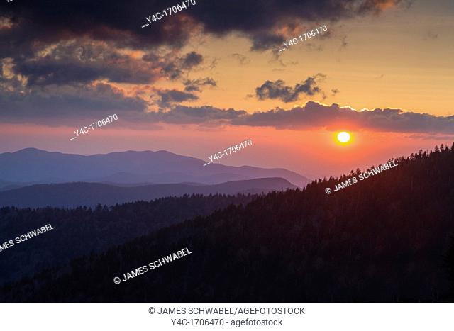 Sunset over the Smoky Mounatins from Clingmans Dome in the Great Smoky Mountains National Park Tennessee