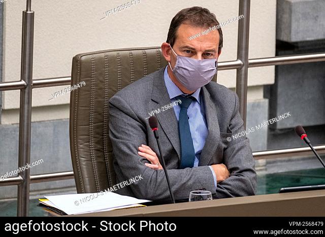 Flemish Minister of Welfare Wouter Beke pictured wearing a mouth mask during a plenary session of the Flemish Parliament in Brussels, Wednesday 21 October 2020