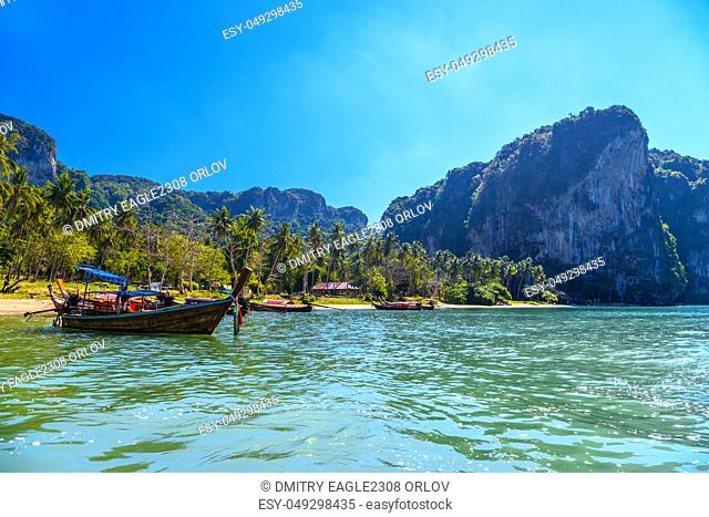Long tail boats on tropical beach with palms, Tonsai Bay, Railay Beach, Ao Nang, Krabi, Thailand