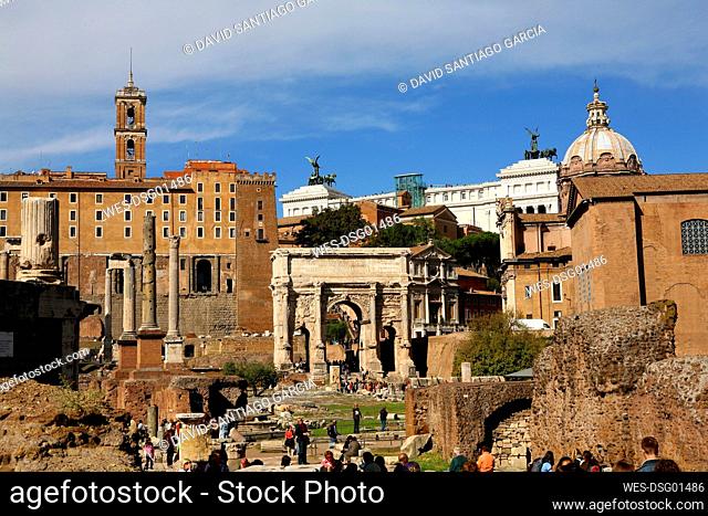 Italy, Rome, Temple of Vespasian and Titus and Church of Santi Luca e Martina at Forum Romanum