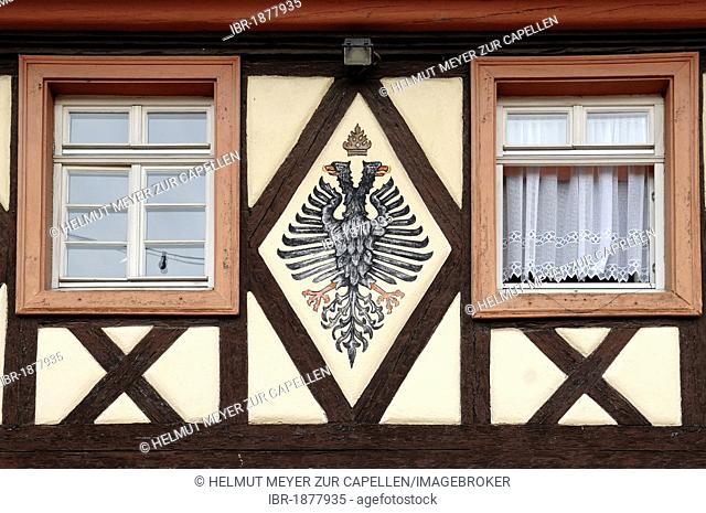 Double-headed eagle at an old inn, Schmieheimerstrasse, Altdorf, Baden-Wuerttemberg, Germany, Europe
