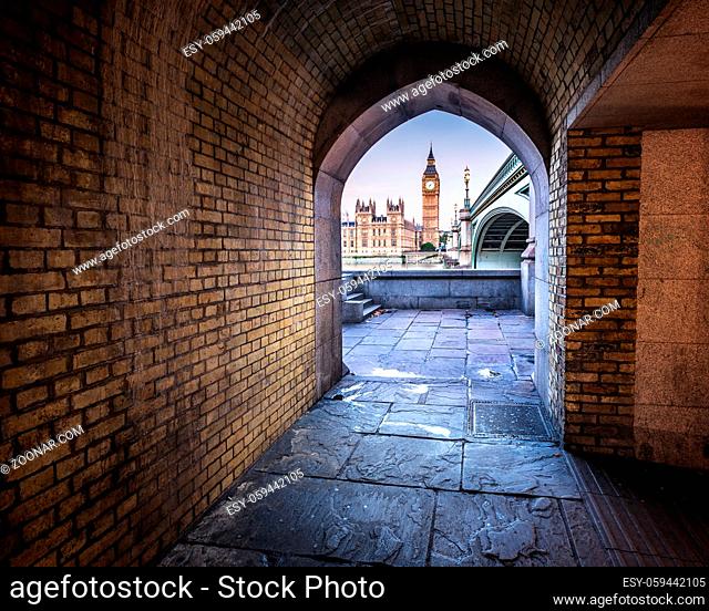 Big Ben, Queen Elizabeth Tower and Westminster Bridge framed in Arch, London, United Kingdom