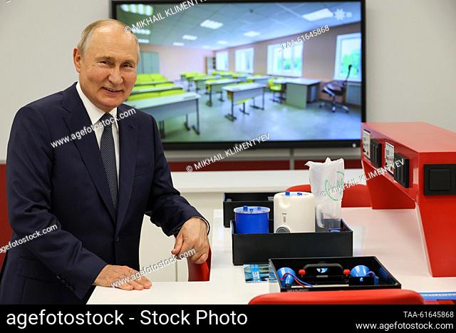 RUSSIA, TVER REGION - SEPTEMBER 1, 2023: Russia's President Vladimir Putin is seen during a tour of a secondary comprehensive school in Turginovo
