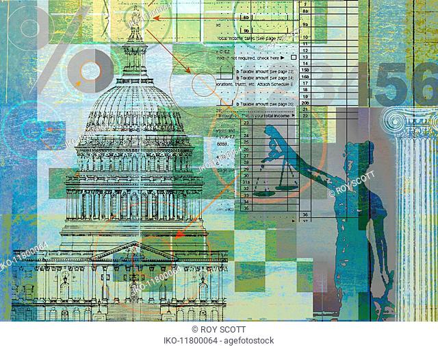 Scales of Justice, tax form and United States Capitol building