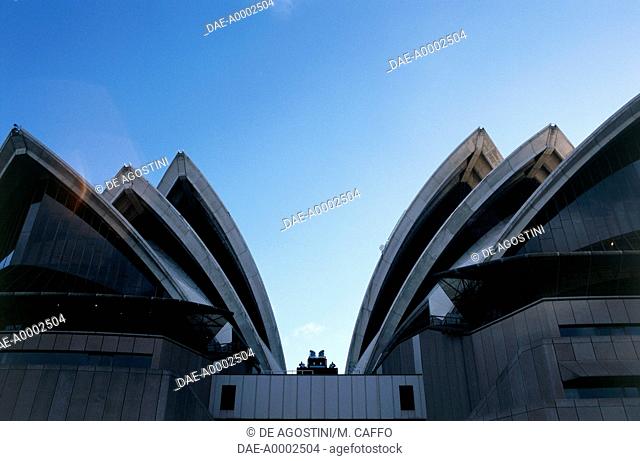 View of the Opera House (UNESCO World Heritage List, 2007), 1973, architect Jorn Utzon, and Harbour Bridge, 1923-1932, Sydney, New South Wales