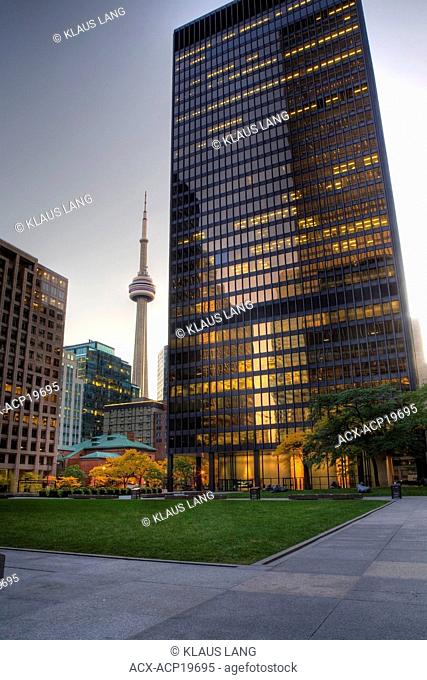 Evening in the financial district with CN Tower in the background, Toronto, Ontario, Canada
