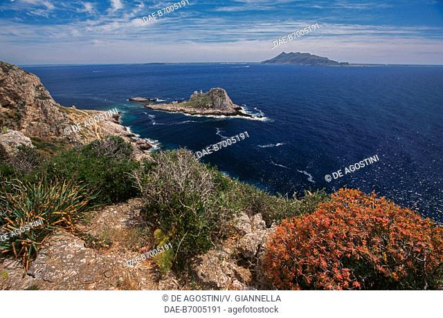 View of the Faraglione and Favignana in the background, Levanzo Island, Aegadian Islands, Sicily, Italy