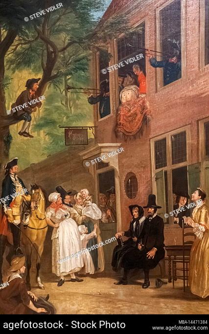 Painting titled Misled: The Ambassador of the Rascals Exposes himself from the Window of 't Bokki Tavern in the Haarlemmerhout by Dutch Artist Cornelis Troost...