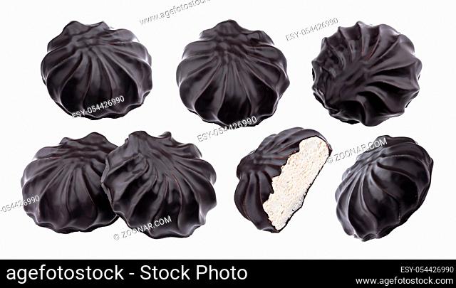 Chocolate covered marshmallows, traditional russian zephyr in chocolate isolated on white background with clipping path, collection
