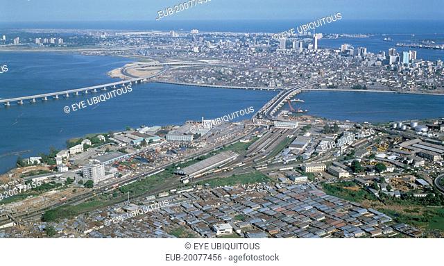 Aerial view of the city and road bridges